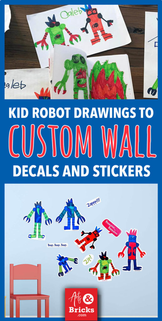 We literally had a summer full of dozens and dozens of marker-rendered drawings of robots. I love how my son distinguished evil and good robots by their eyebrows! If the robot has a V-shape, then the bot is bad! What do you do with too many robot drawings? We make wall decals, of course!!!! It's a great way to declutter too much kid artwork floating around your home!