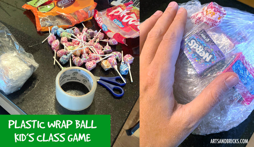 Prep for the Kid's Class Game: Plastic Wrap Ball is easy and relatively inexpensive. Candy, plastic wrap and two dice are the the necessities. You may choose to use shipping tape to add difficulty.