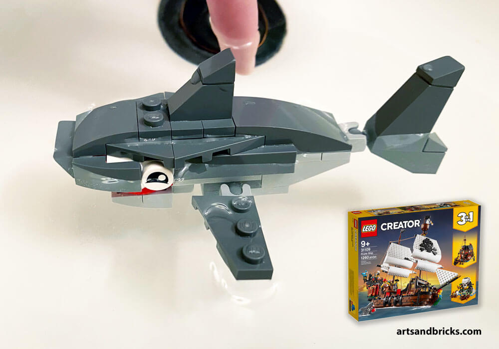 One of our favorite sets to date, LEGO 31109 Pirate Ship, includes the pieces and instructions for this Pirate-chomping shark. Check out our reviews of each of the builds included in this LEGO Creator 3-in-1 Set. Pictures and answers to whether or not this shark floats included!