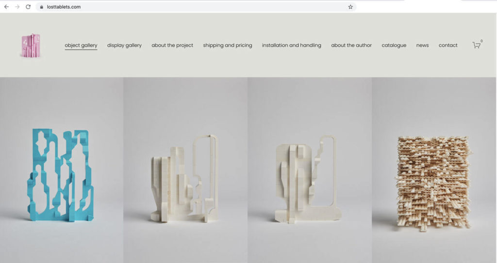 Screenshot of the The Lost Tablet's website - October 2021. Melbourne architect turns old LEGO bricks into new art in his modern Lost Tablets exhibit. https://www.losttablets.com/ 