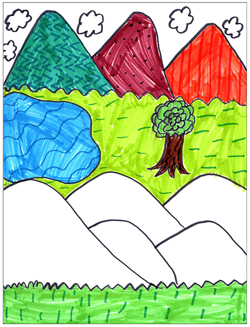 Outdoor nature drawing by 4th grader. Markers and paper.