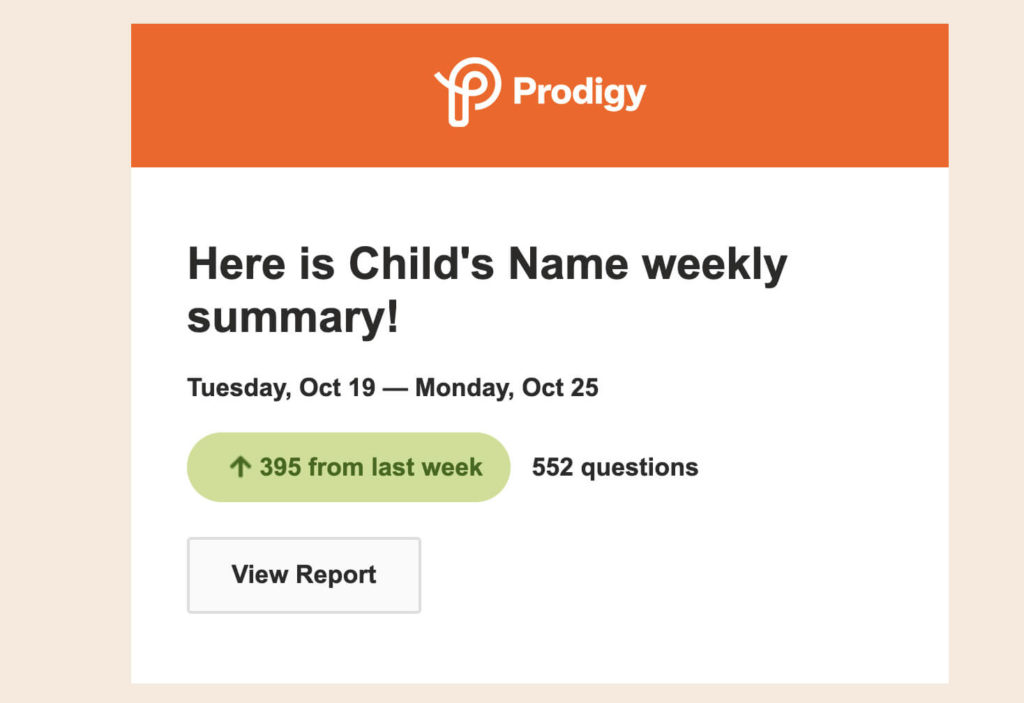 Weekly summaries are progress are sent to parents with active parent accounts on Prodigy.