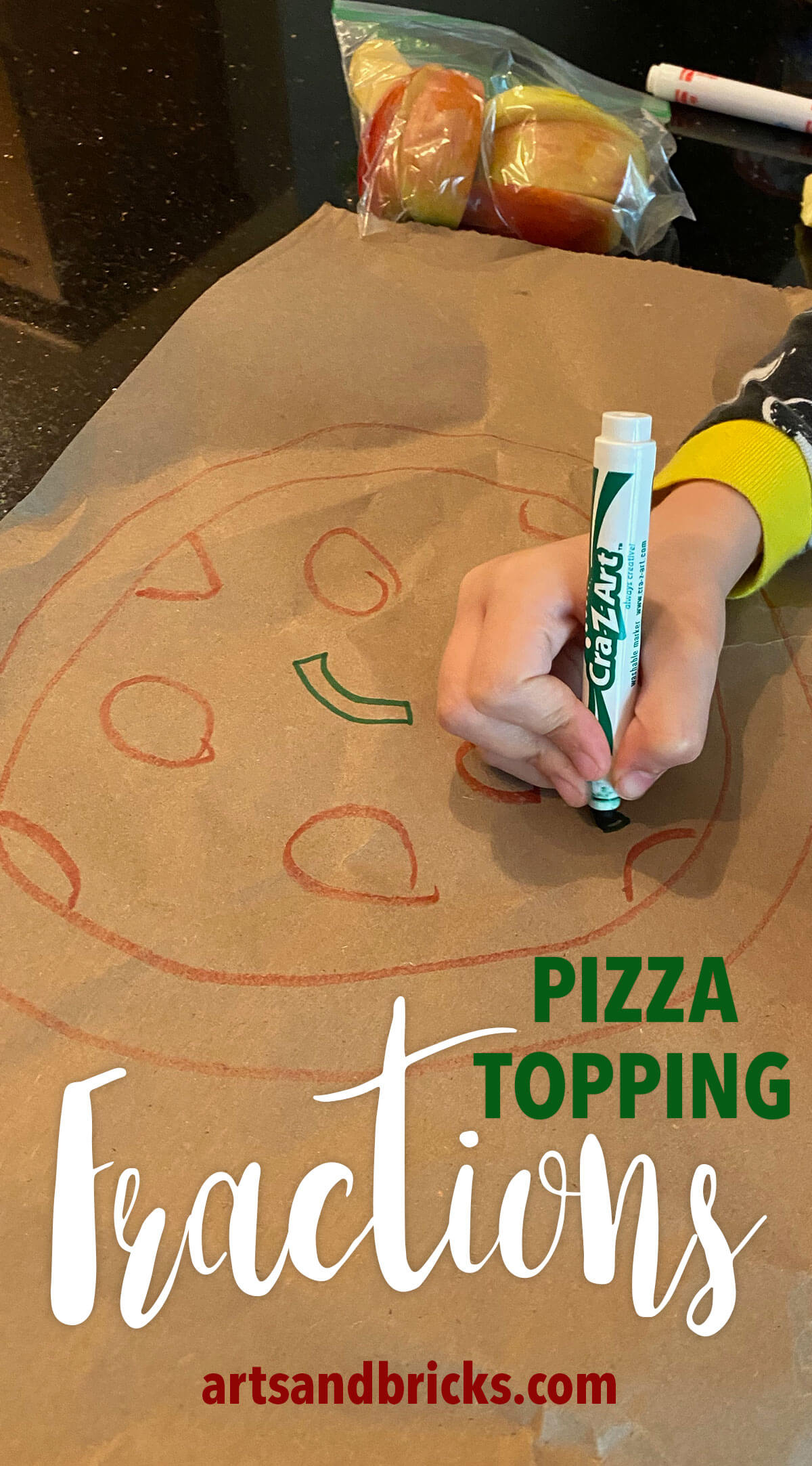 Perfect for first, second, or third-grade students this introductory fraction activity helps children visualize fractions by drawing pizza toppings. With no set-up required, you can do this simple activity with just paper and markers. Useful for teacher and homeschooling parents, alike, get inspired by this quick, effective fraction teaching idea. #fractions #steam #math #activity