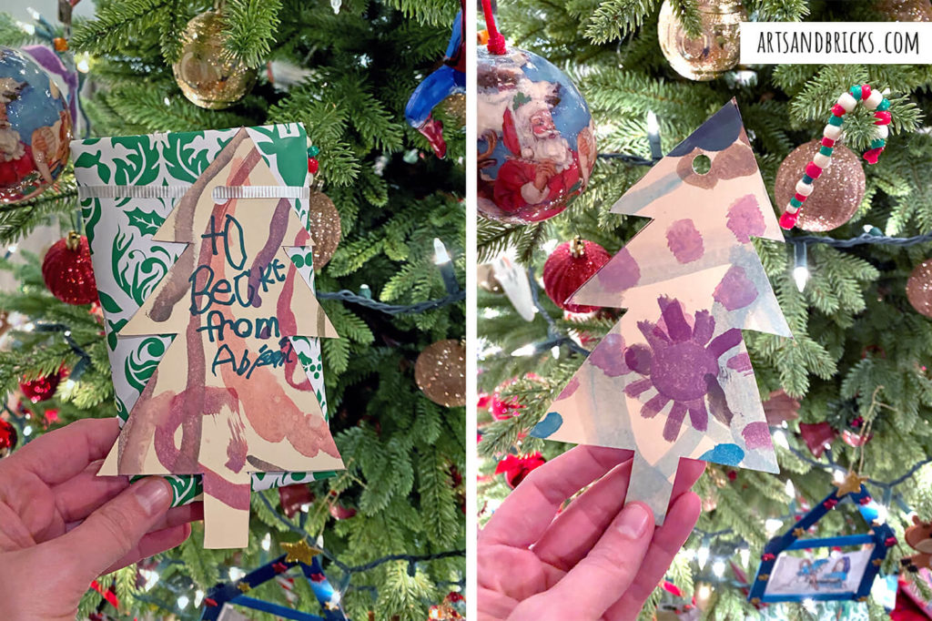 Process Art Idea: Have your child paint designs on card paper stock. When the painted paper is dry cut shapes, like Christmas trees, to use as ornaments and gift labels.