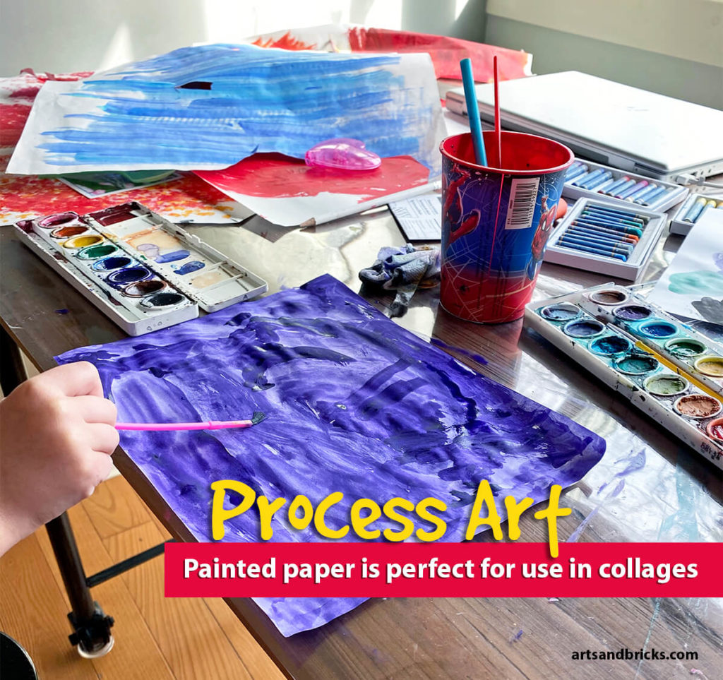 PROCESS ART: Painted paper is perfect for use in collages. Take large sheets of paper and paint full sheets of color. Our focus on these large sheets of paper is mark-making. We try to use brushes to create unique stripes, textures, and splotches. We also work on variations of color. Some areas are solid thick colors, and others are thinner washes.