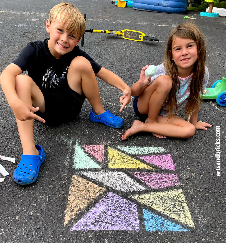 Learn to make sidewalk chalk mosaics. Have you ever looked at your bucket of sidewalk chalk and thought, "What do we do with this?" Today, I'm here to inspire you with a very simple, family-friendly outdoor chalk art mosaic project. All you need is chalk, tape and a little creativity!