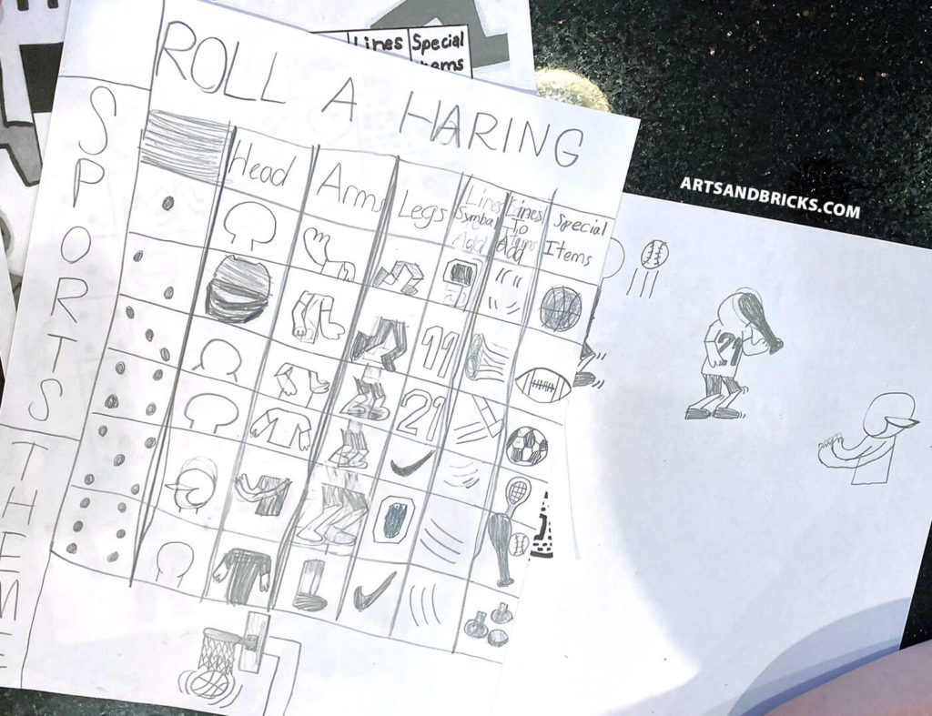 Roll-A-Haring Sports Themed edition by a child featuring aspects of a basketball, football, soccer, tennis, baseball, and golf player.