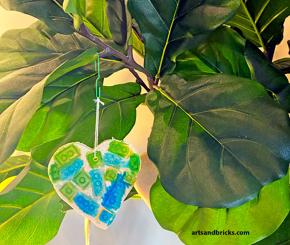LEGO-brick stamped and water-color painted salt dough ornament on Fig Leaf Tree.