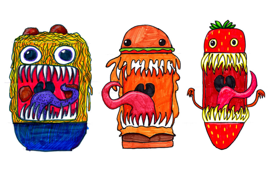 Learn to draw food-themed paper folded monsters. Go from delicious to terrifying. Examples include a cheeseburger, hotdog, strawberry and bowl of pasta and meatballs!