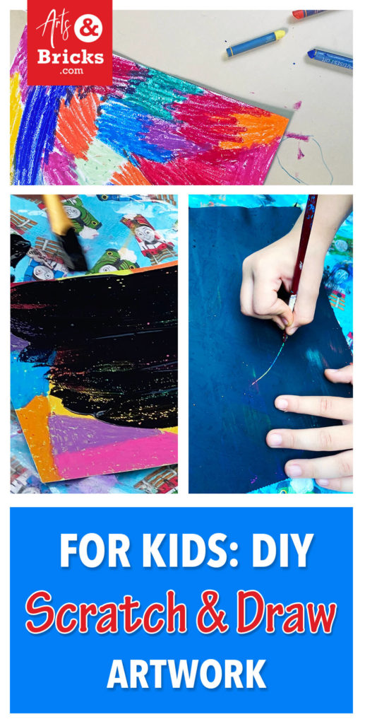Spend the afternoon crafting with your littles making DIY Scratch and Draw Artwork. This simple project uses oil pastels, black paint, and card stock to make rainbow drawing fun. Watch the video and learn a few tips. #diy #kids #crafts