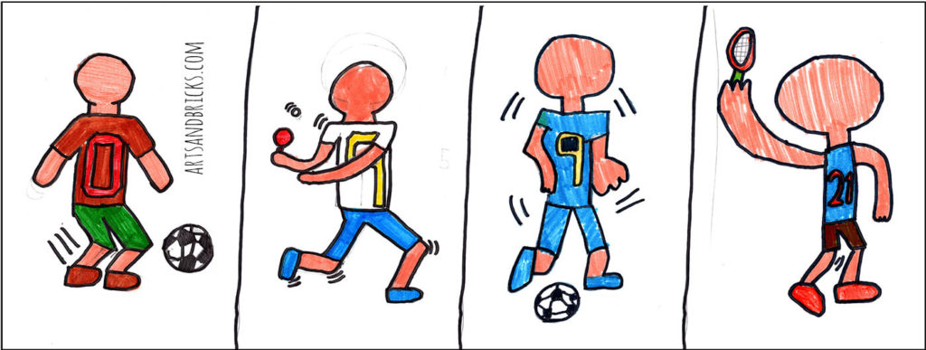 Examples of the sports figures drawn in Roll-A-Haring Sports edition - designed by an elementary aged kid.