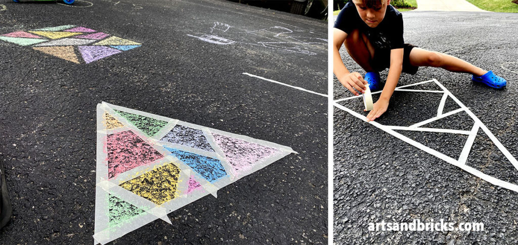 As first-time chalk mosaic makers, we mostly created triangles with the tape, and randomness was the name of our game. 
