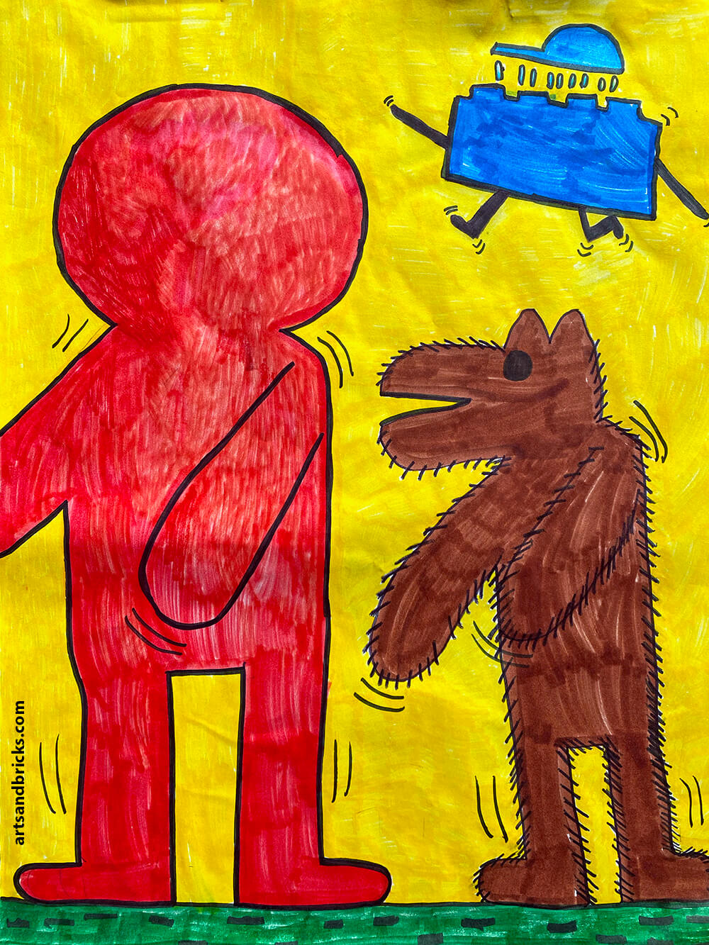 Get inspiration for a Keith Haring-inspired Kids Art Project. Learn what characteristics make Keith's work unique -- like motion lines, bright solid colors and cartoon styled faceless people. Our final artwork includes our very own The Hairy Dog, The Dancing Boy and The Blue Lego Brick.