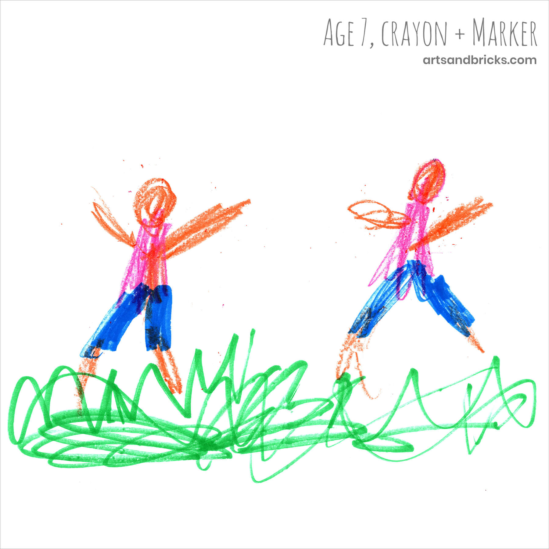 I'm fascinated by how my children draw, paint, and doodle themselves, our family, and others. The way their renderings of the human form have changed over the years is fascinating. 

Here is one my favorite drawings of people created by a favorite little person! 

Dancing and playing in the grass, these marker and crayon figures have weight and thickness to their bodies.