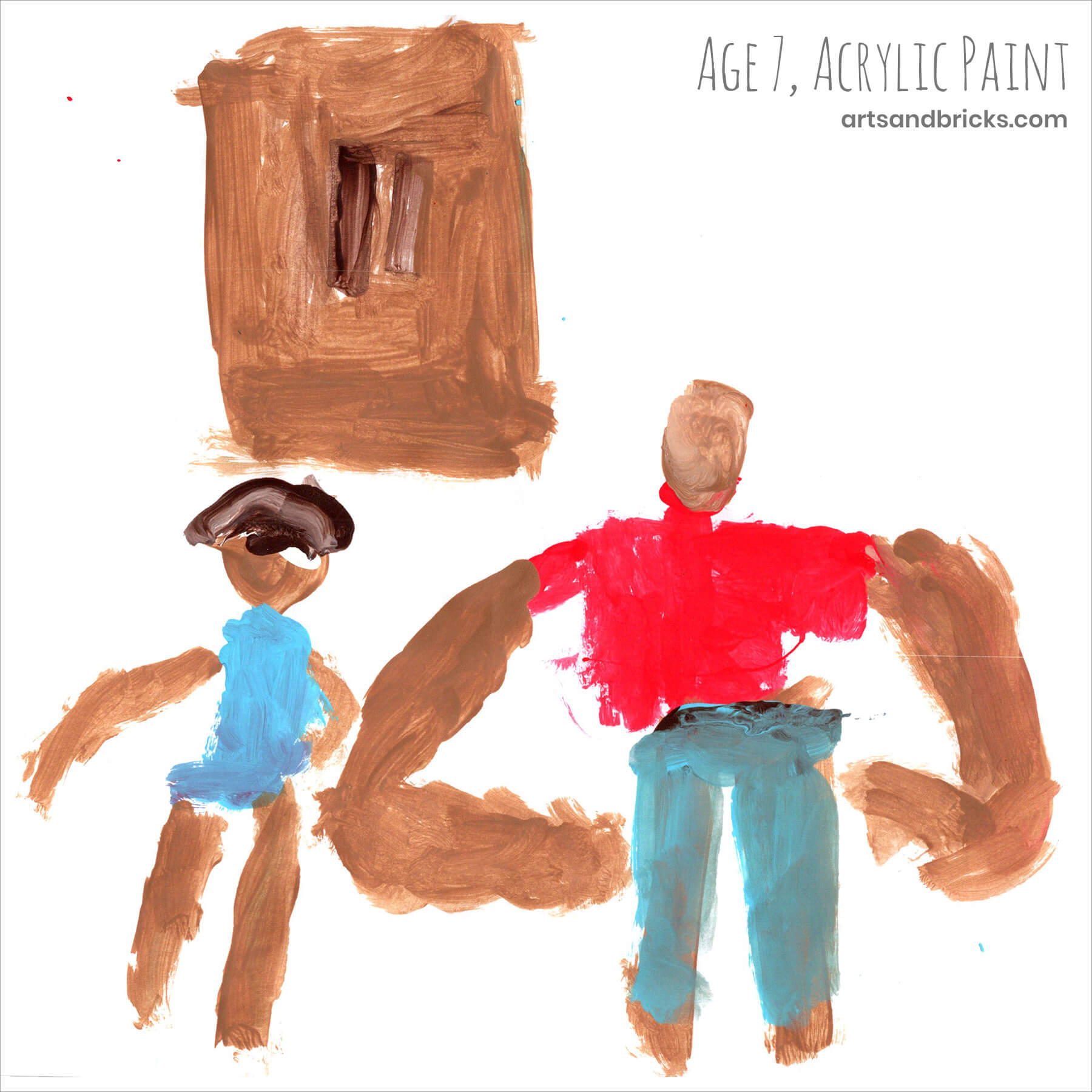 I'm fascinated by how my children draw, paint, and doodle themselves, our family, and others. The way their renderings of the human form have changed over the years is fascinating. 

Here is one my favorite drawings of people created by a favorite little person! 

Human Form - Age 7 - Acrylic Paint