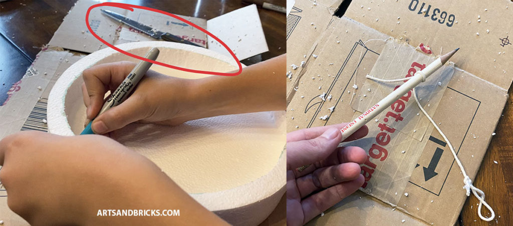 Use a serrated knife to cut the foam discs. Measure circles with a compass (you can make your own).