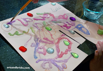 Watercolor painting on glue and salt for kids