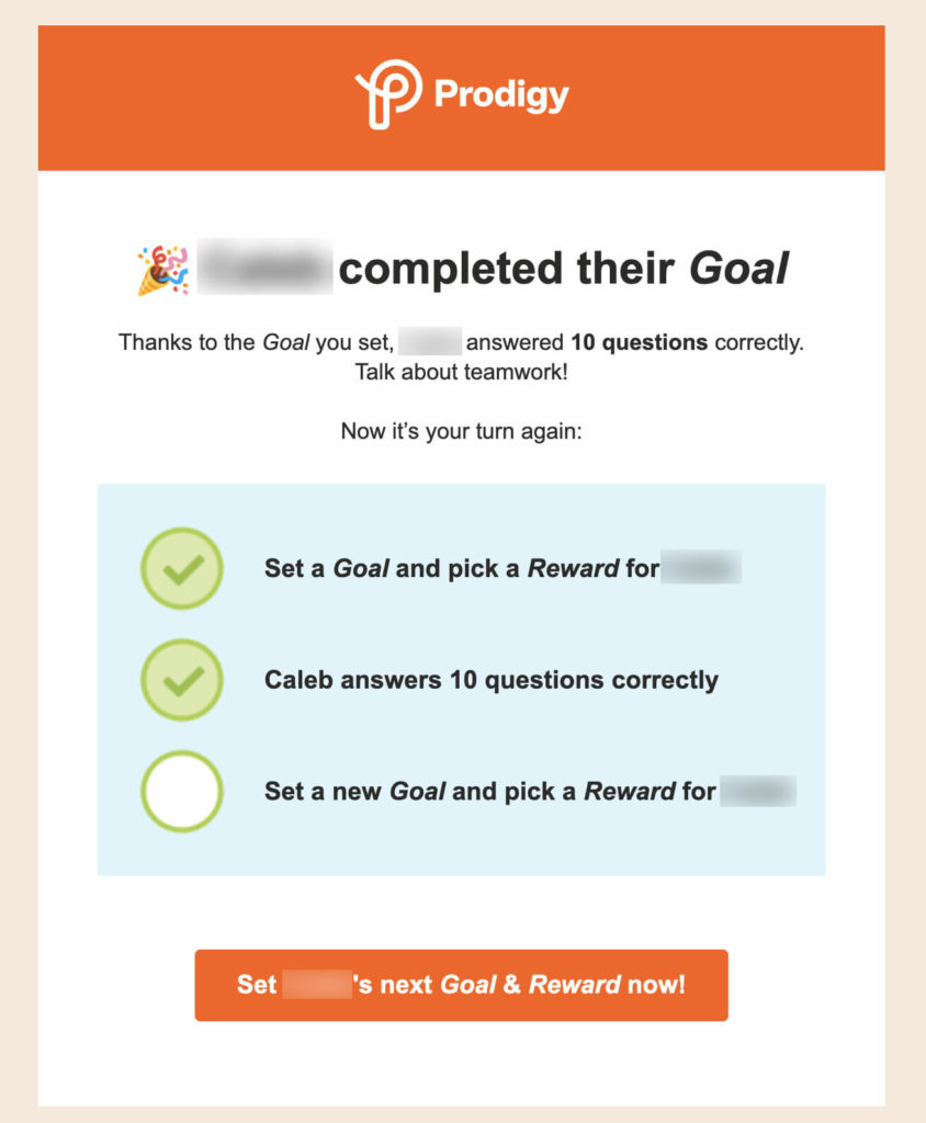 An example of a Prodigy Math Game Goal and Reward Parent Email